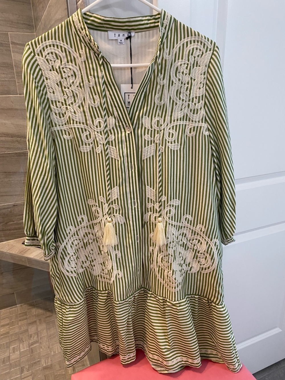 THML Olive Green and White Striped Embroidered Tunic Dress, flattering style!